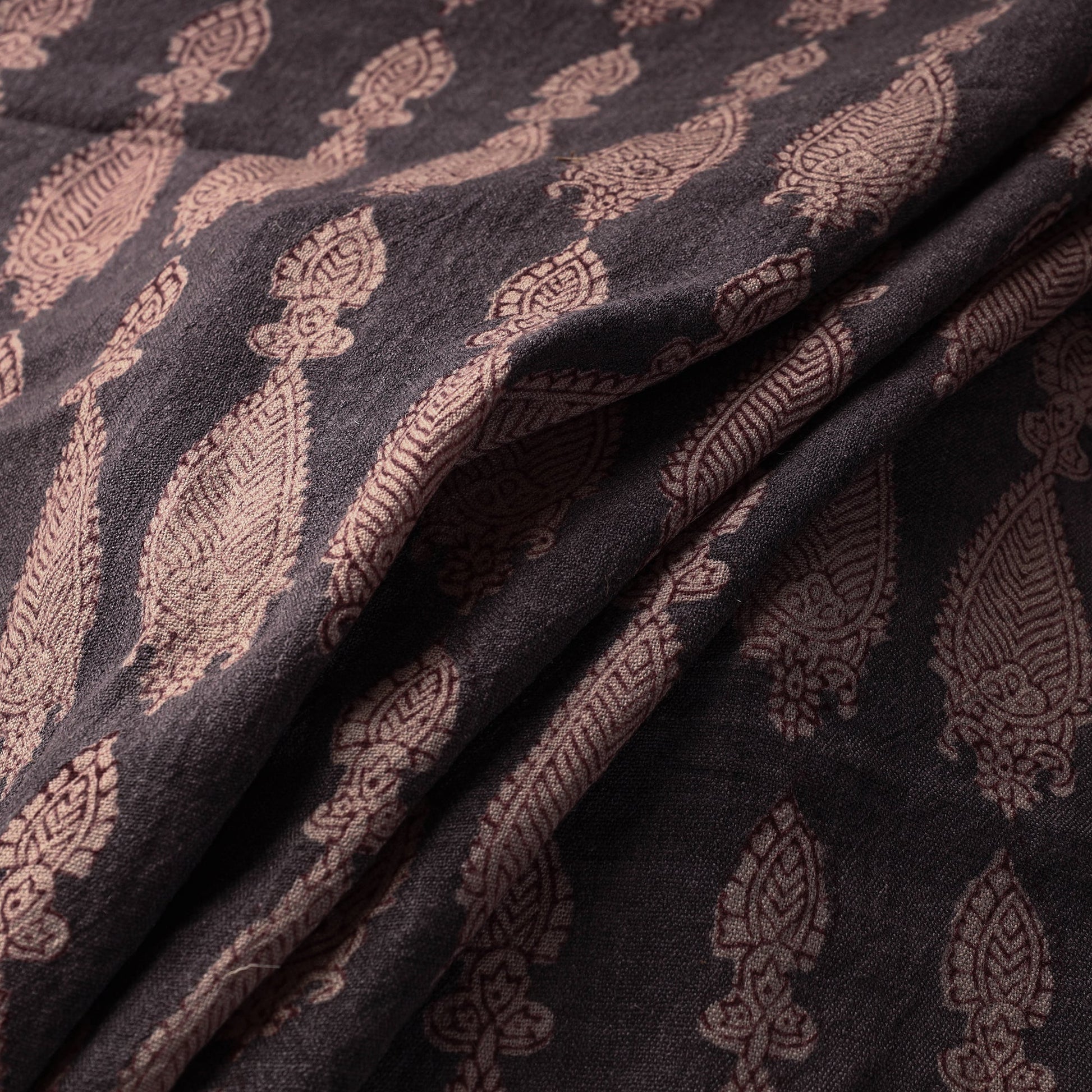 Black - Bagh Block Printed Merino Wool Handloom Fabric