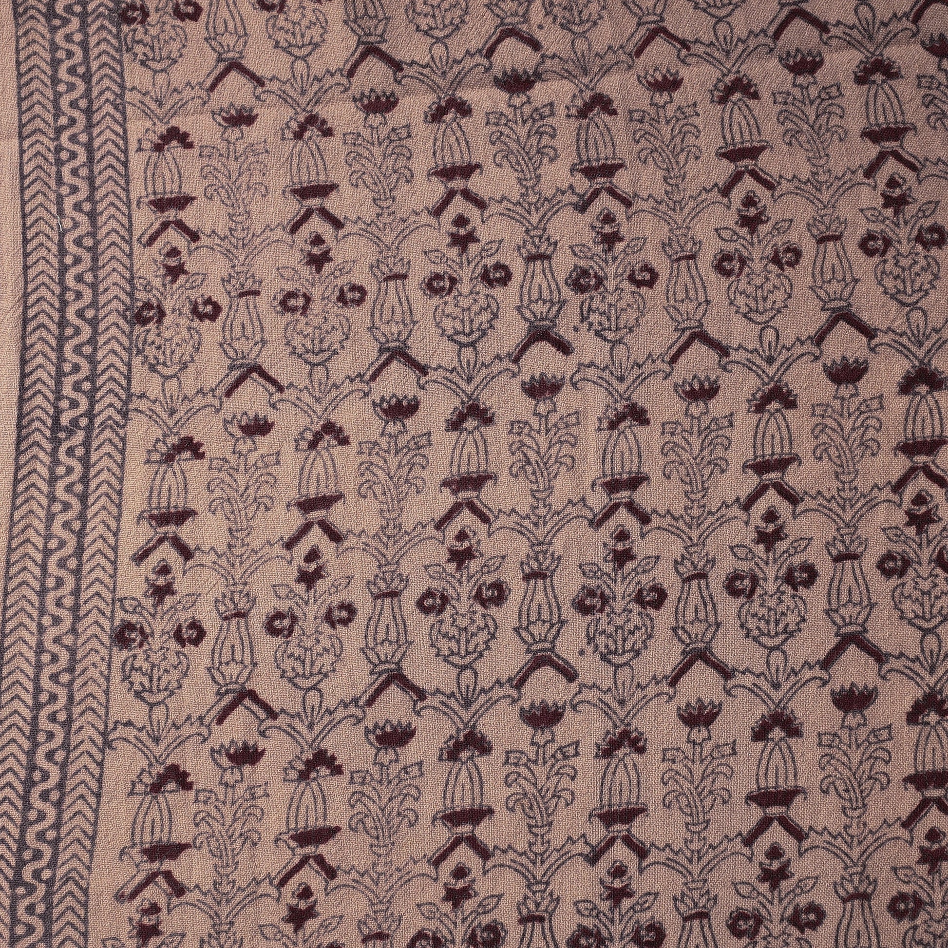 Brown - Bagh Block Printed Merino Wool Handloom Fabric
