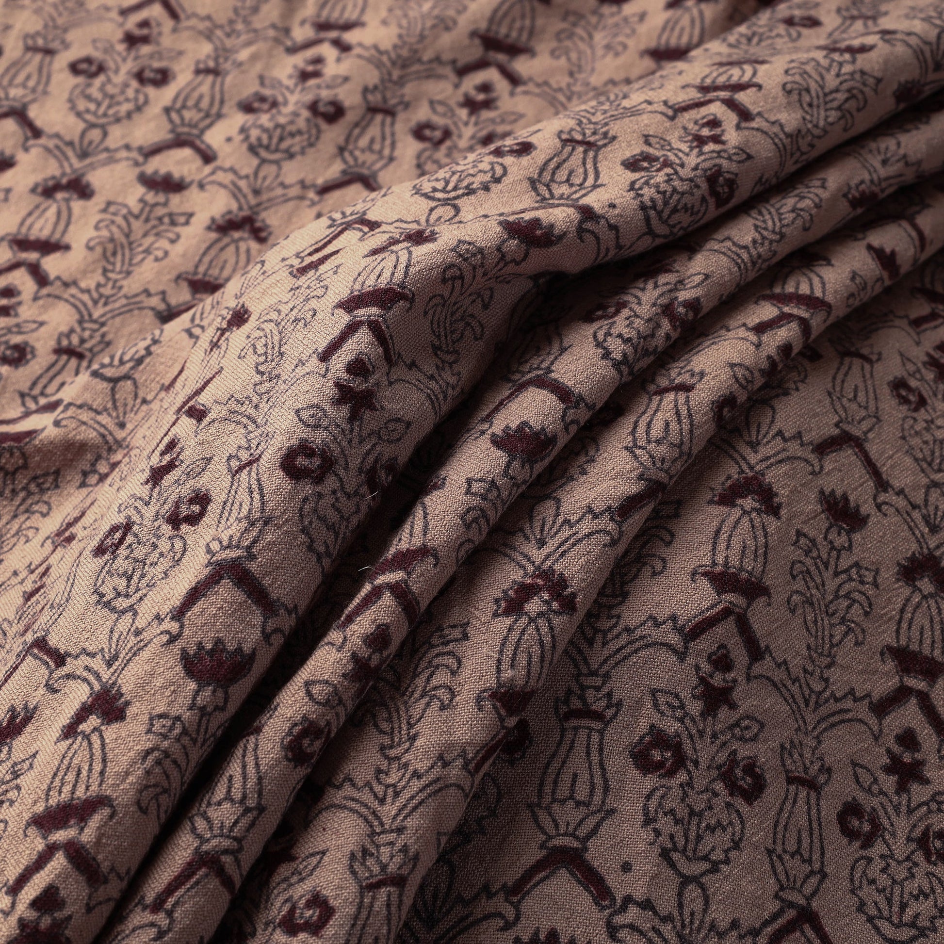 Brown - Bagh Block Printed Merino Wool Handloom Fabric