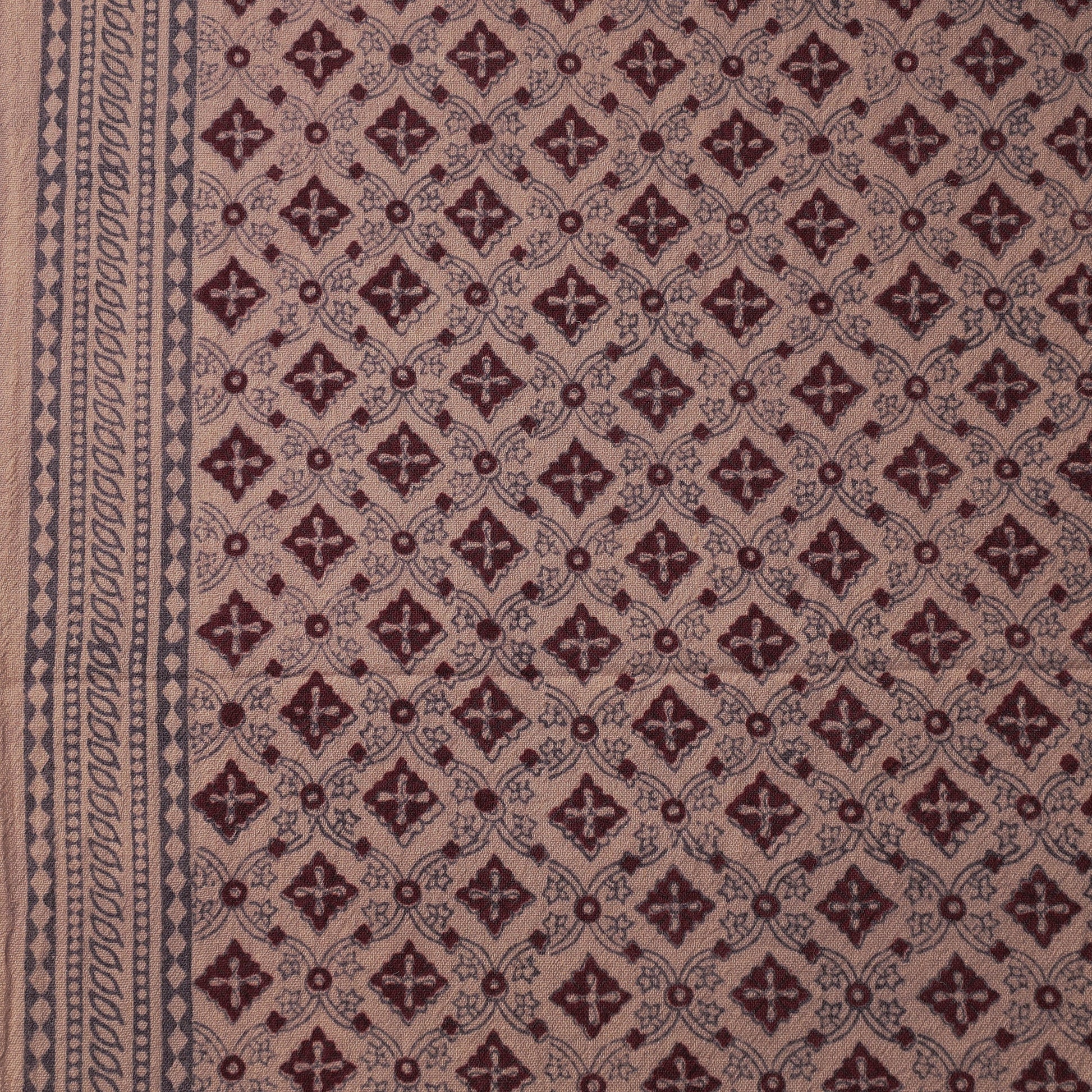 Brown - Bagh Block Printed Merino Wool Handloom Fabric