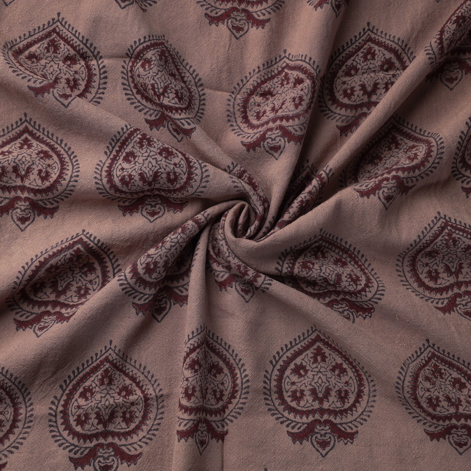 Brown - Bagh Block Printed Merino Wool Handloom Fabric