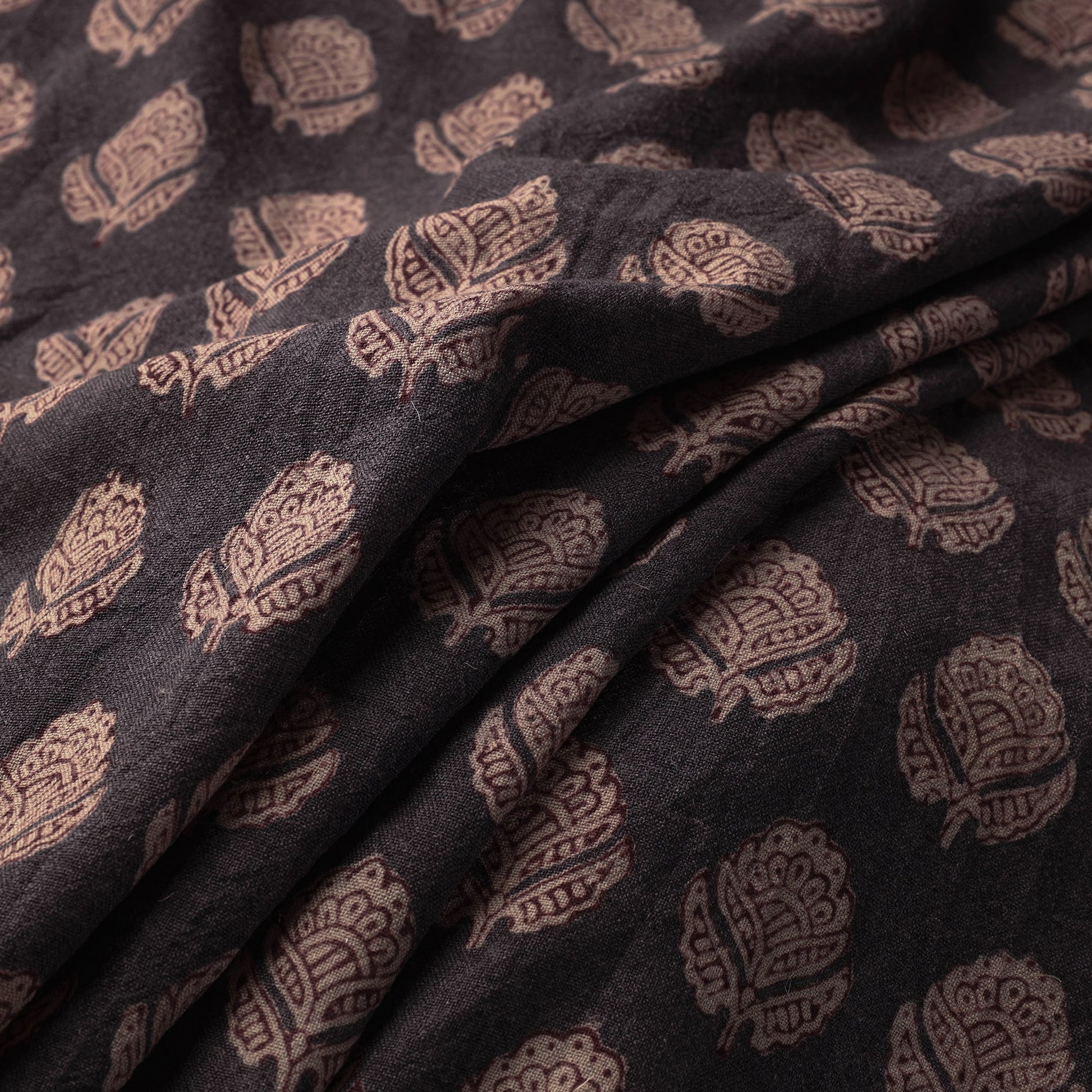 Black - Bagh Block Printed Merino Wool Handloom Fabric
