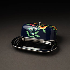 Black - Floral Handpainted Enamelware Stainless Steel Butter Dish (Capacity- 500Grams)