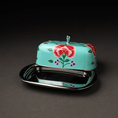 Blue - Floral Handpainted Enamelware Stainless Steel Butter Dish (Capacity- 500Grams)