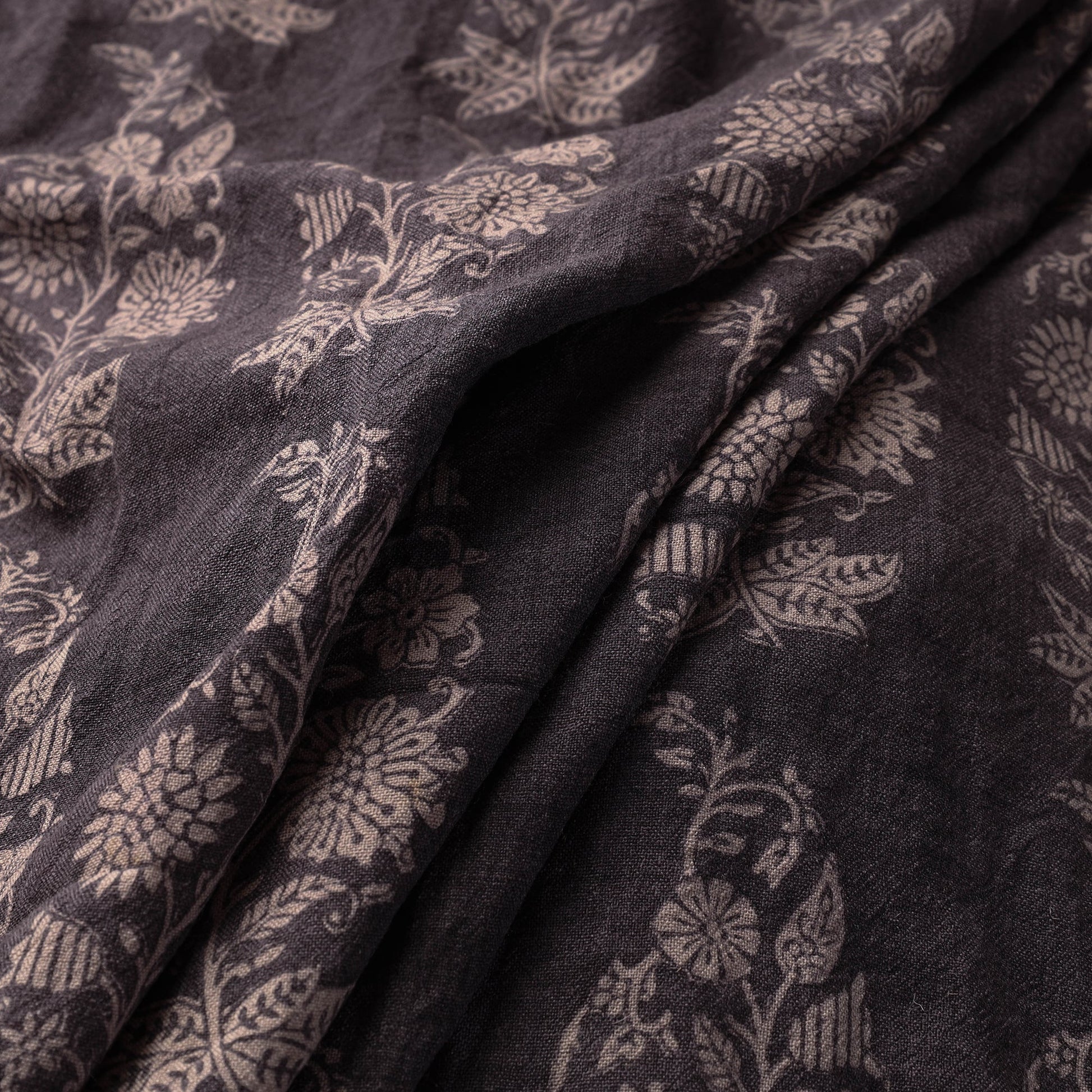 Black - Bagh Block Printed Merino Wool Handloom Fabric