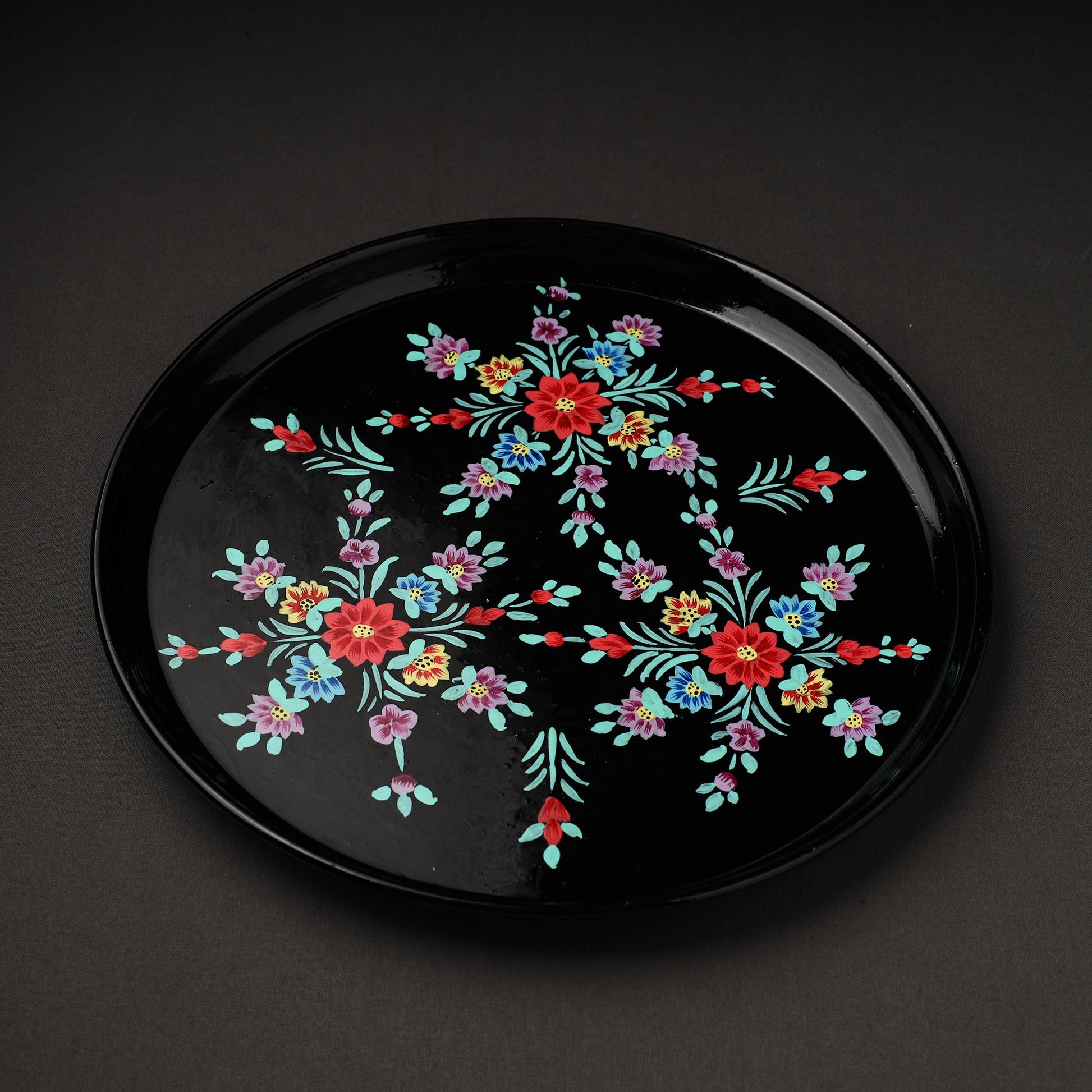 Black - Floral Handpainted Enamelware Stainless Steel Plate