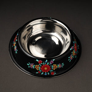 Black - Floral Handpainted Enamelware Stainless Steel Pet Bowl