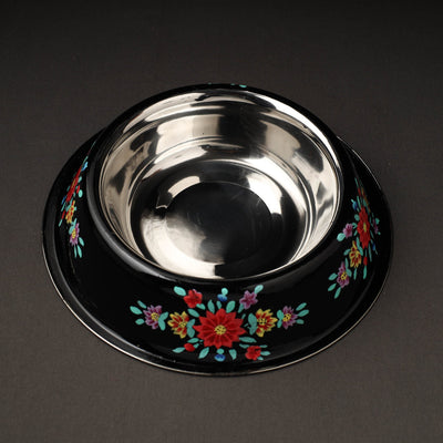 Black - Floral Handpainted Enamelware Stainless Steel Pet Bowl