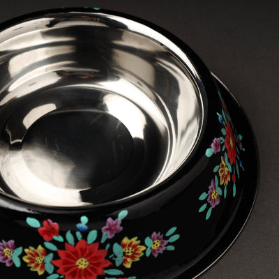 Black - Floral Handpainted Enamelware Stainless Steel Pet Bowl
