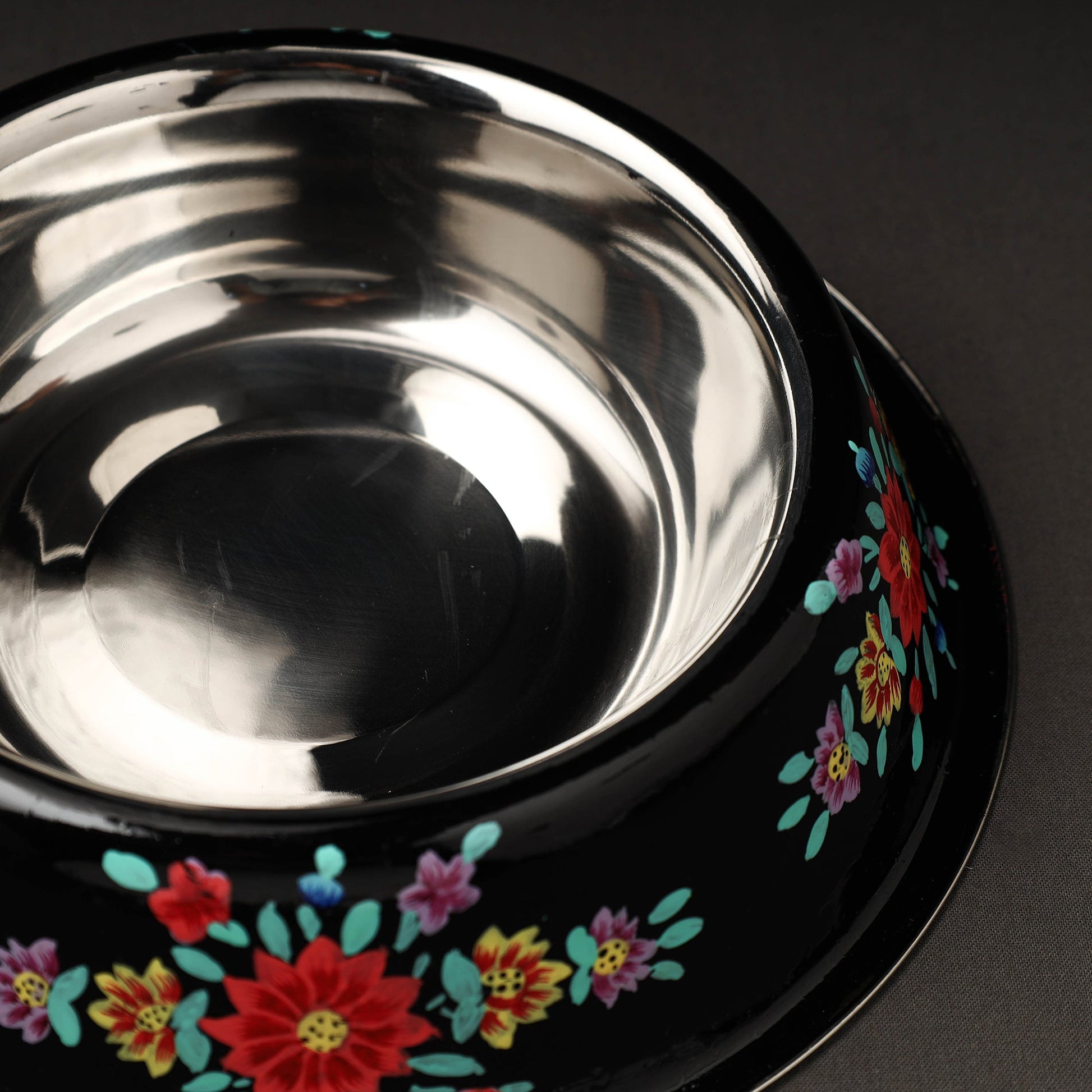 Black - Floral Handpainted Enamelware Stainless Steel Pet Bowl