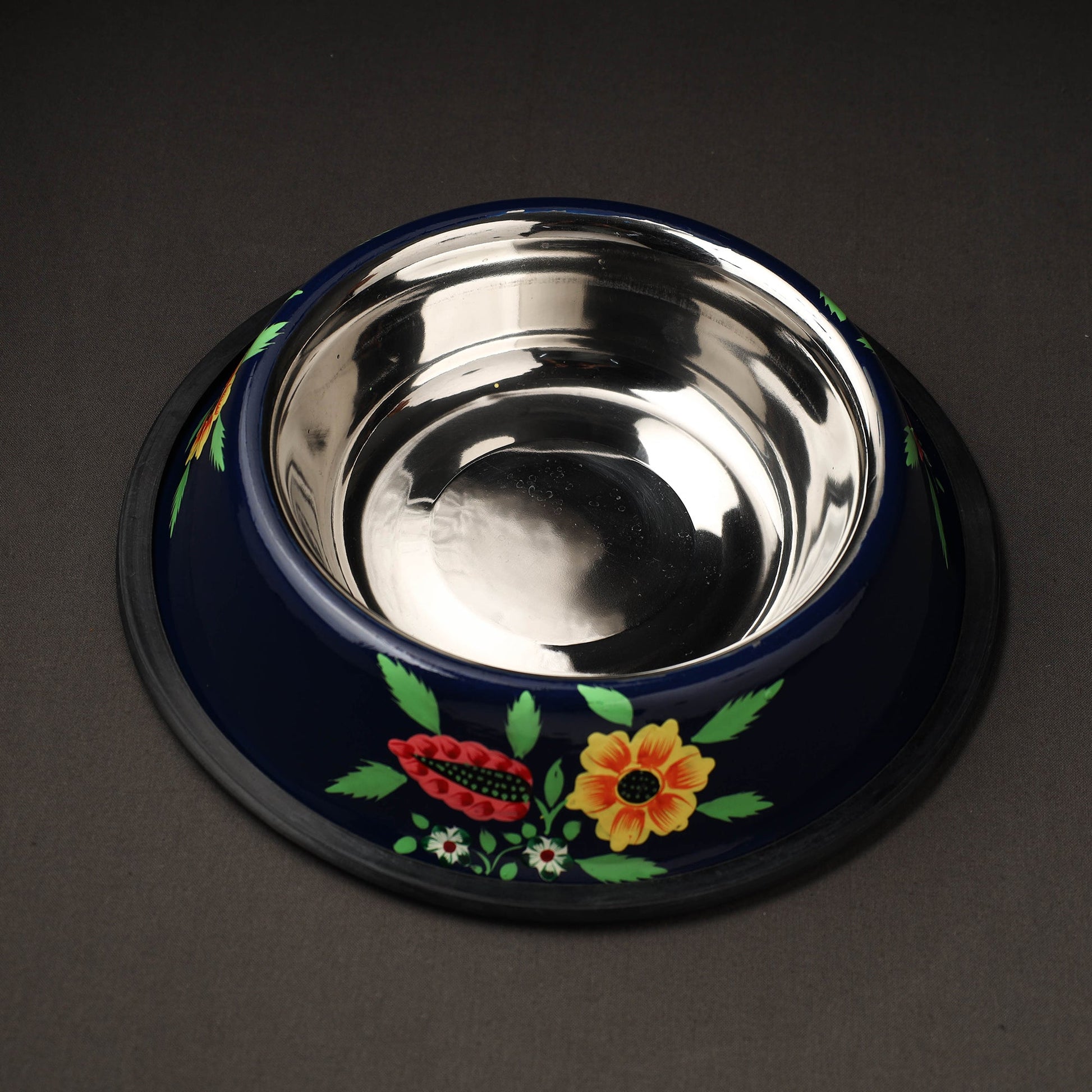 Blue - Floral Handpainted Enamelware Stainless Steel Pet Bowl