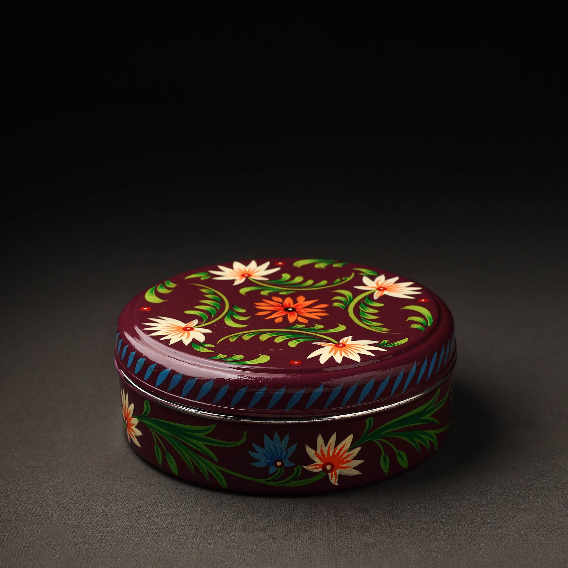 Brown - Banaras Handpainted Stainless Steel Masala Box (8 x 8 in)