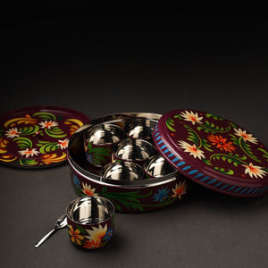 Brown - Banaras Handpainted Stainless Steel Masala Box (8 x 8 in)