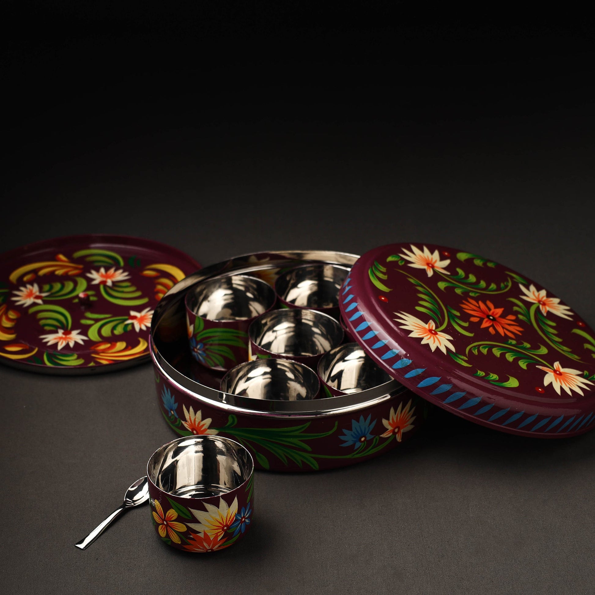 Brown - Banaras Handpainted Stainless Steel Masala Box (8 x 8 in)