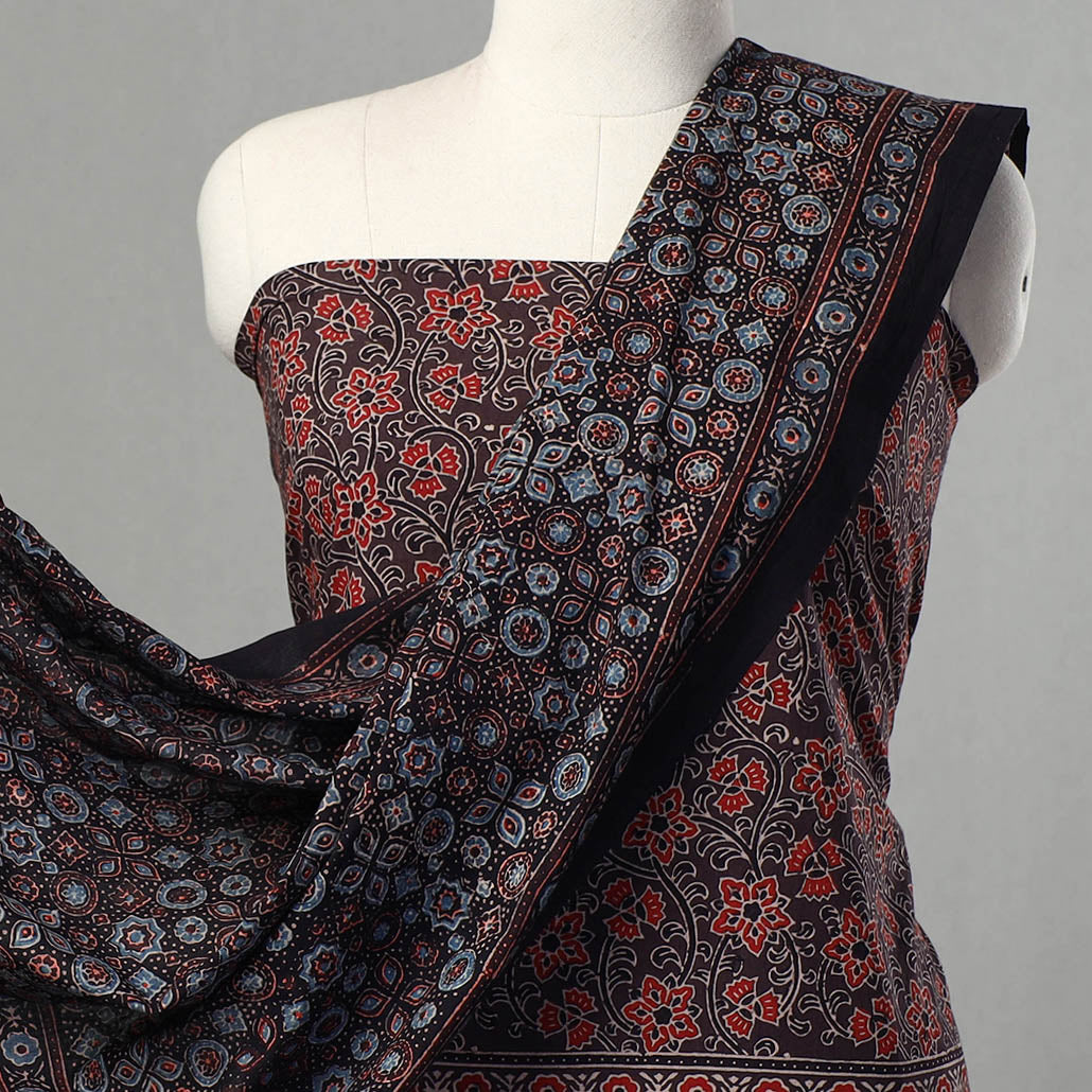 Brown - Kutch Block Print Cotton 3pc Ajrakh Dress Material 01