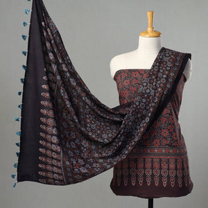 Brown - Kutch Block Print Cotton 3pc Ajrakh Dress Material 01