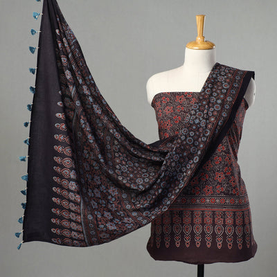 Brown - Kutch Block Print Cotton 3pc Ajrakh Dress Material 01