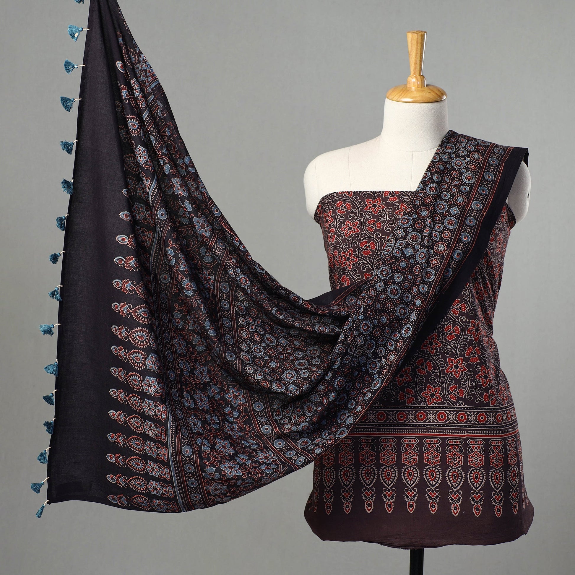 Brown - Kutch Block Print Cotton 3pc Ajrakh Dress Material 01