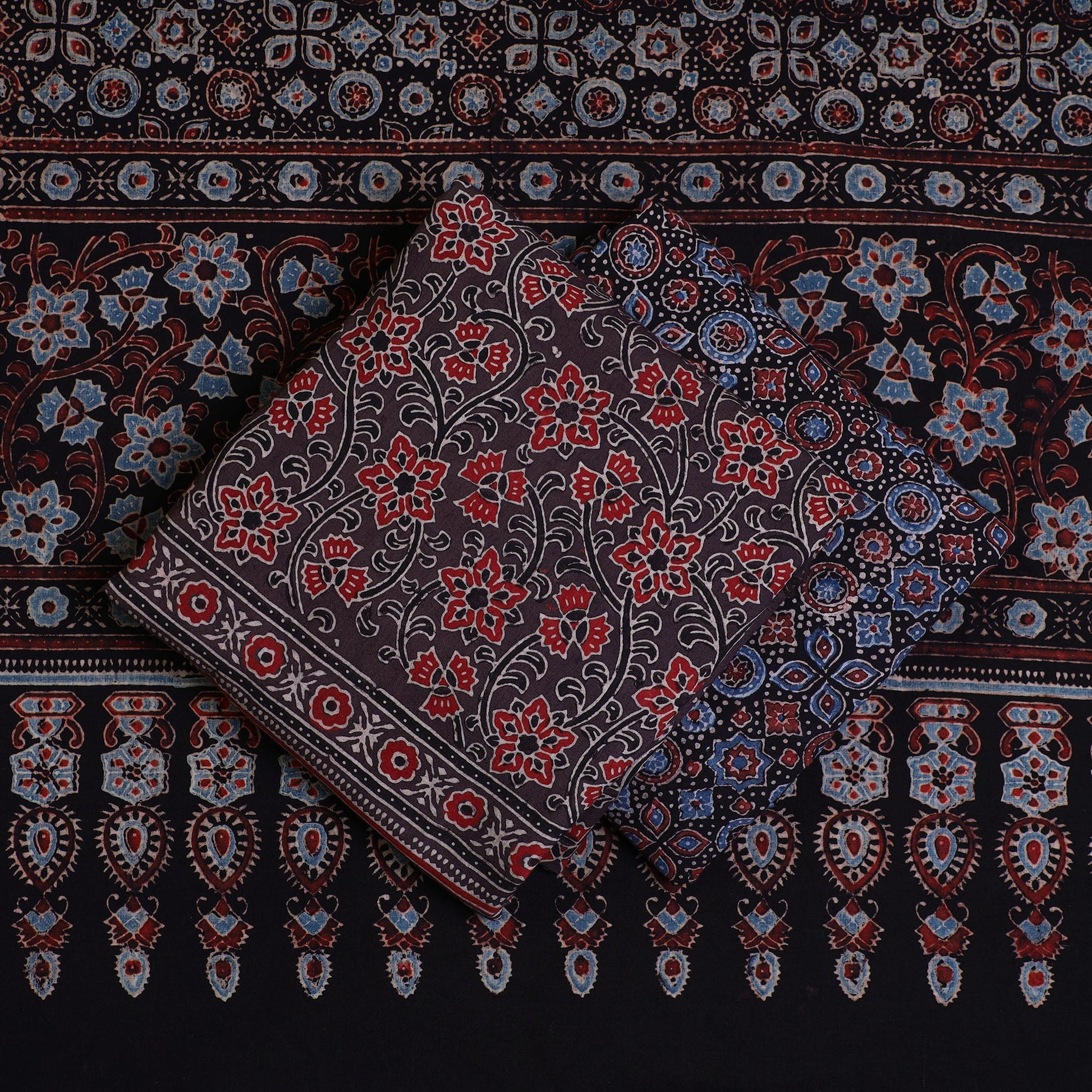Brown - Kutch Block Print Cotton 3pc Ajrakh Dress Material 01