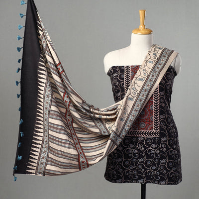 Black - Kutch Block Print Cotton 3pc Ajrakh Dress Material 07