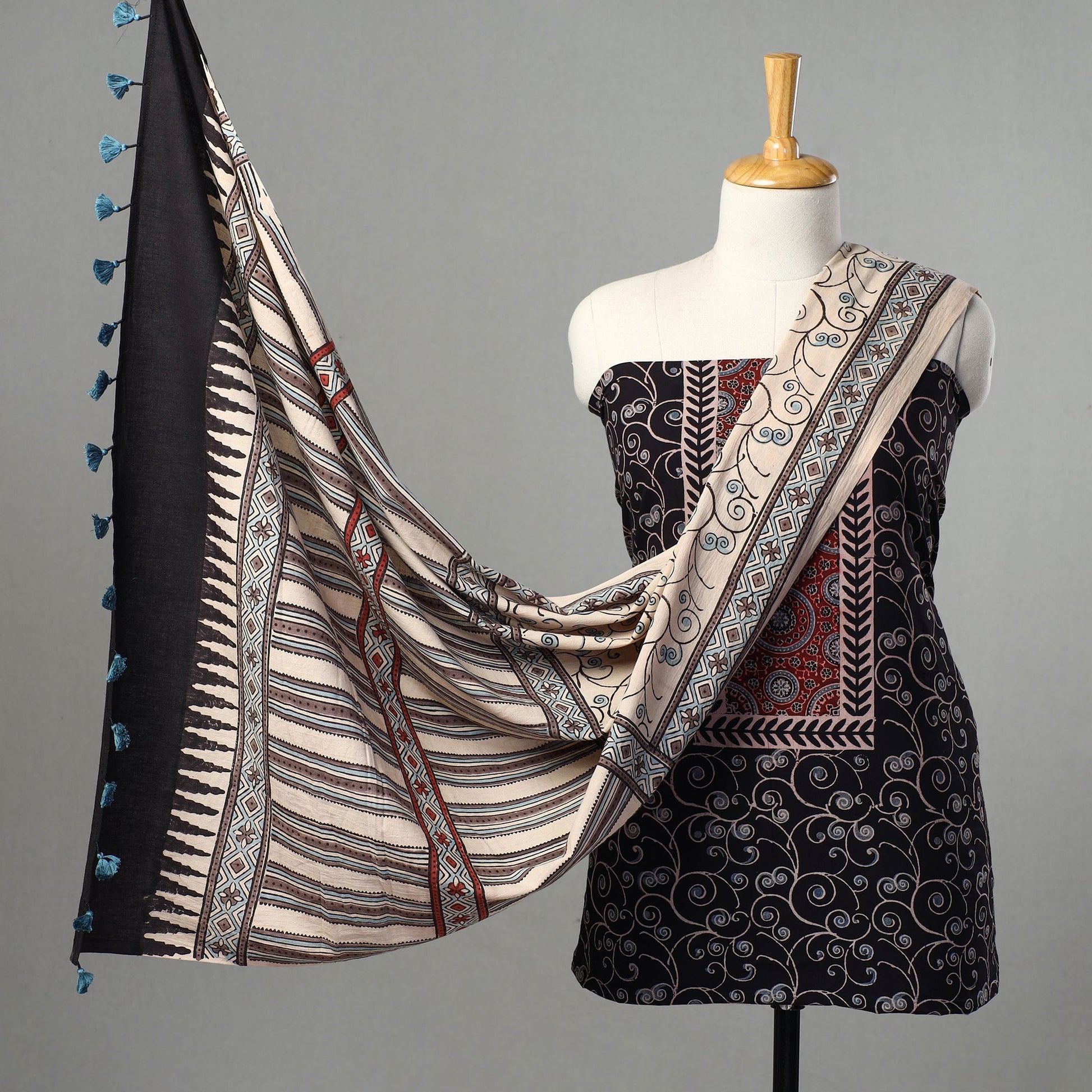 Black - Kutch Block Print Cotton 3pc Ajrakh Dress Material 07