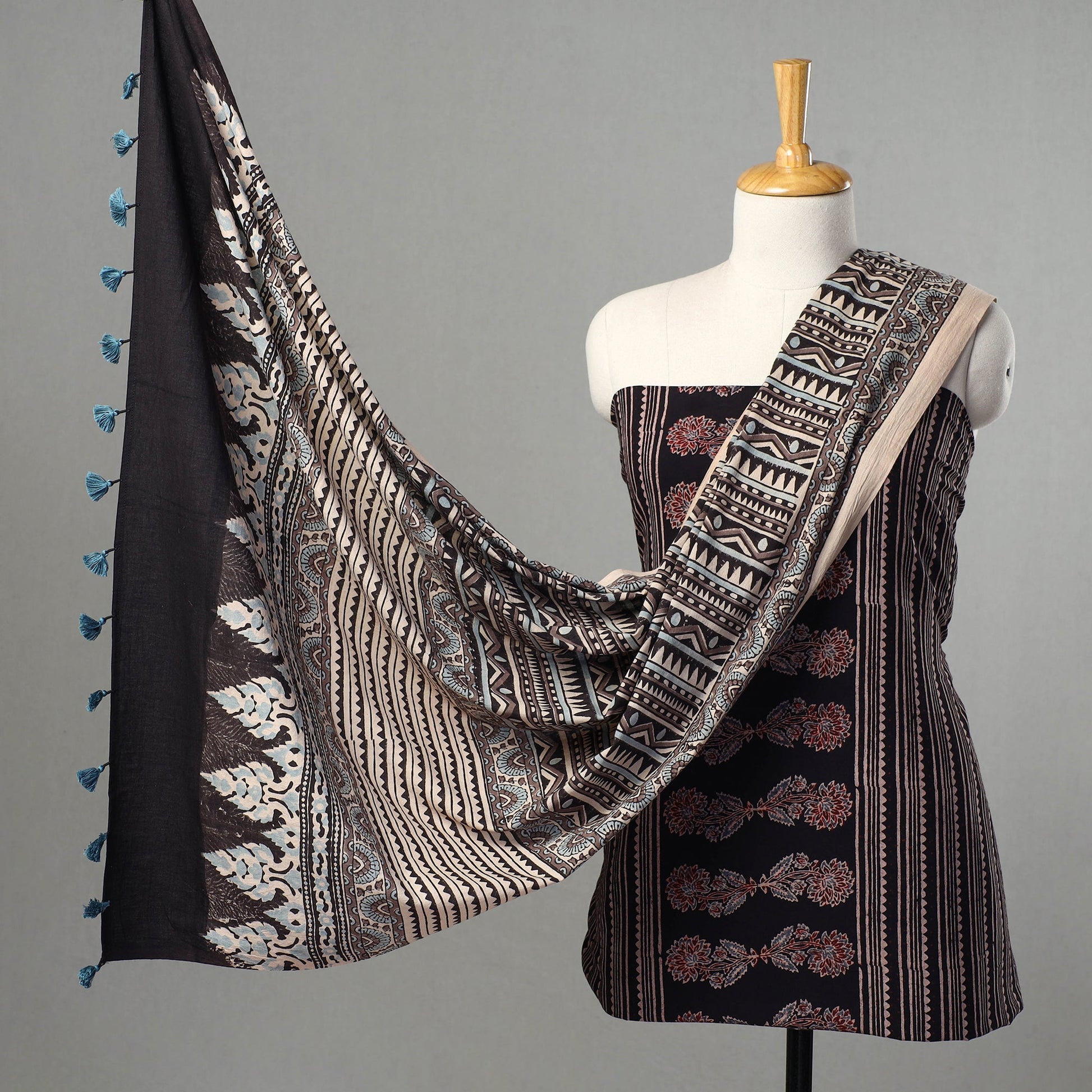 Black - Kutch Block Print Cotton 3pc Ajrakh Dress Material 10