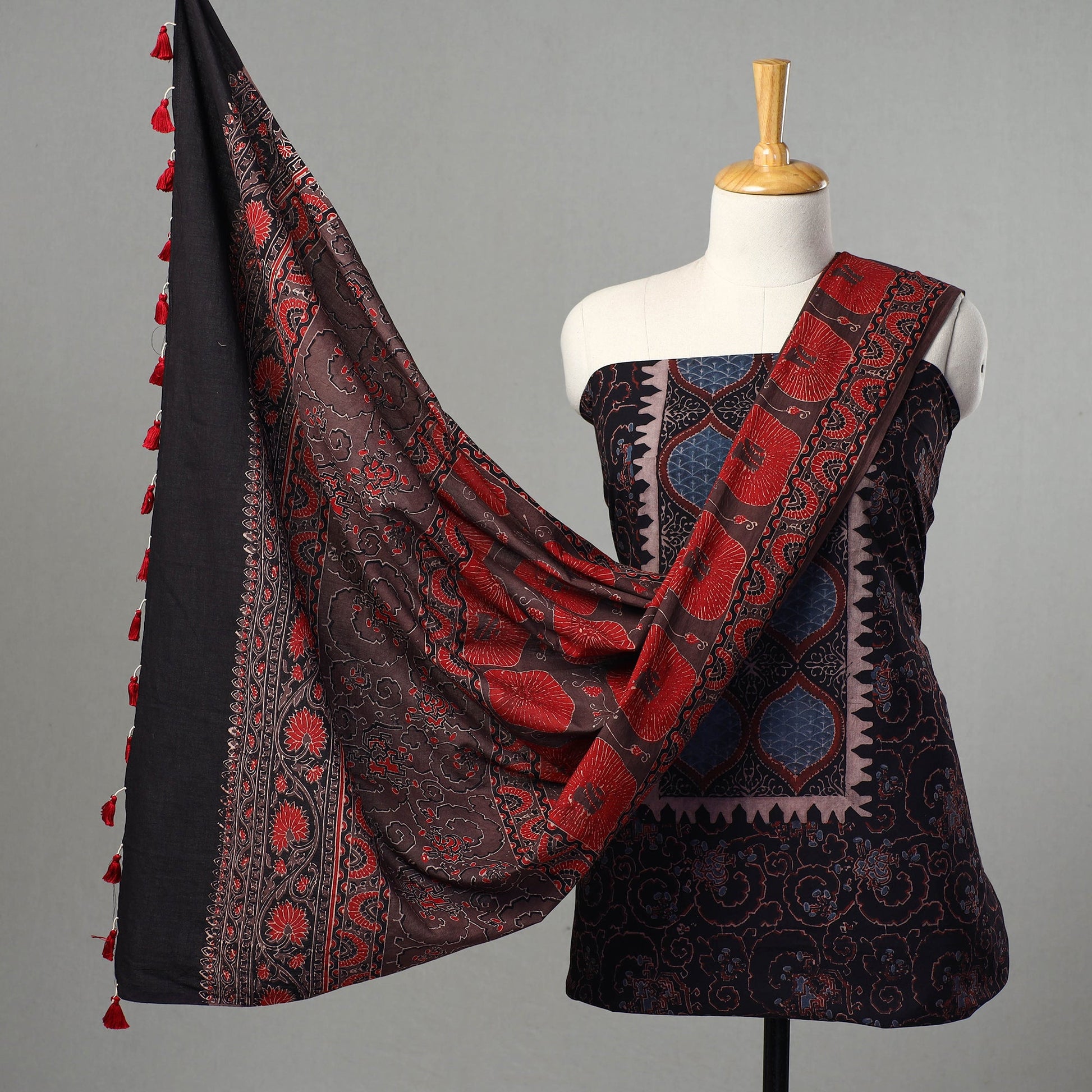 Black - Kutch Block Print Cotton 3pc Ajrakh Dress Material 13