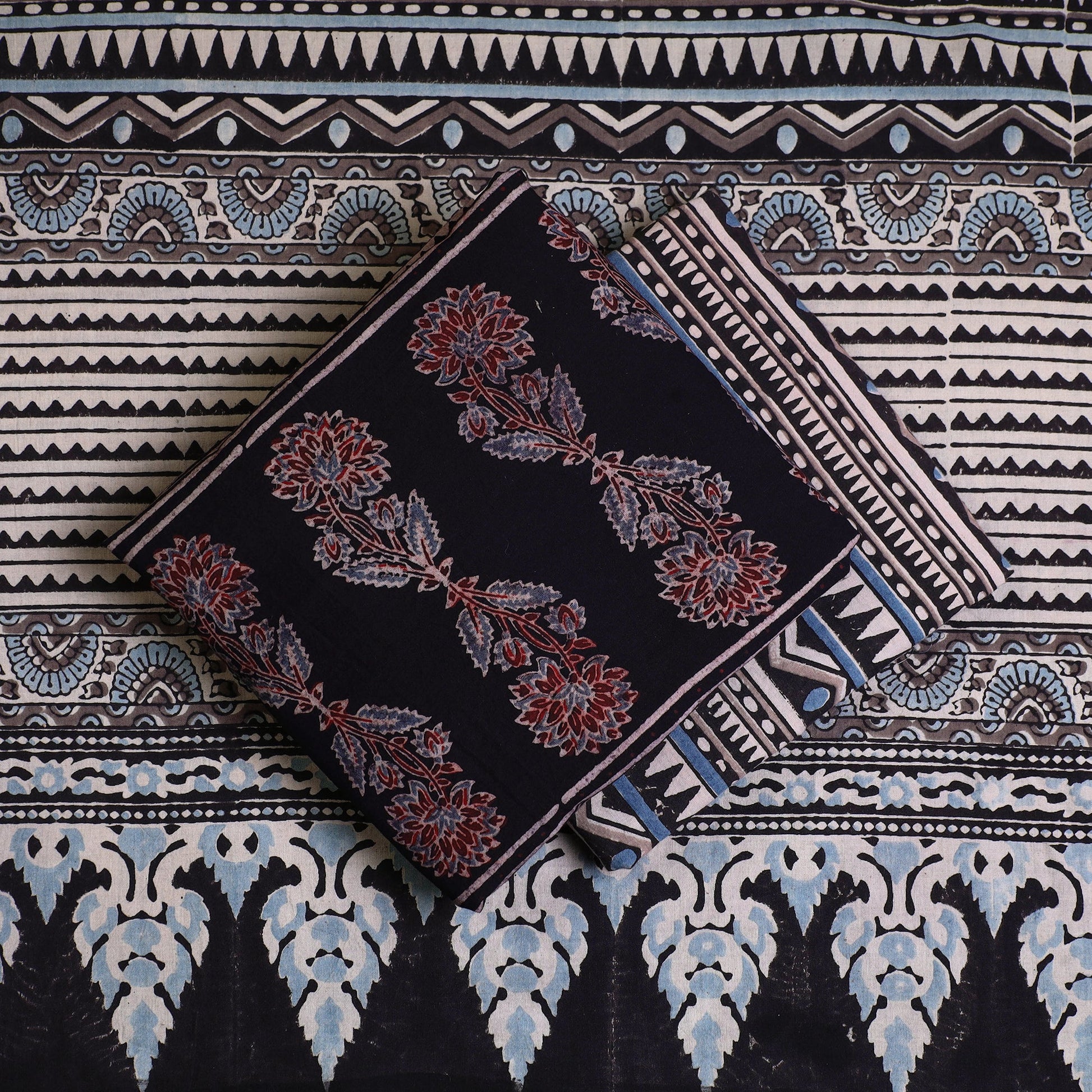 Black - Kutch Block Print Cotton 3pc Ajrakh Dress Material 10