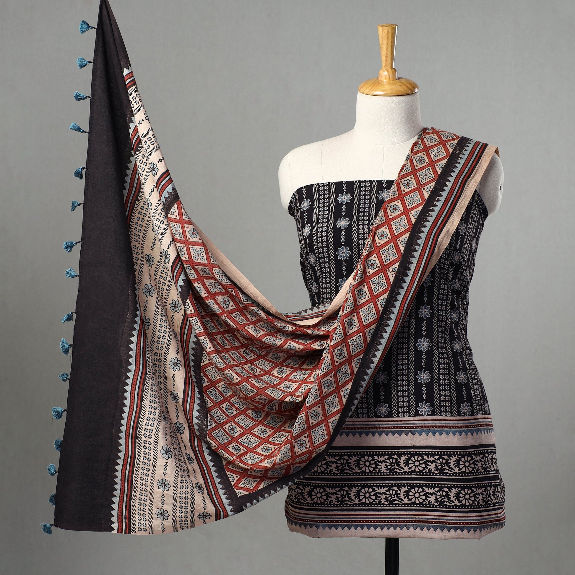 Black - Kutch Block Print Cotton 3pc Ajrakh Dress Material 08