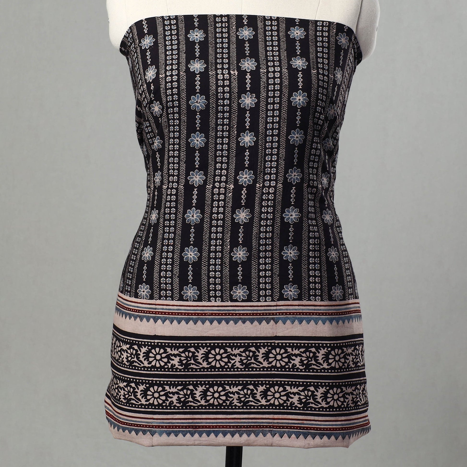 Black - Kutch Block Print Cotton 3pc Ajrakh Dress Material 08