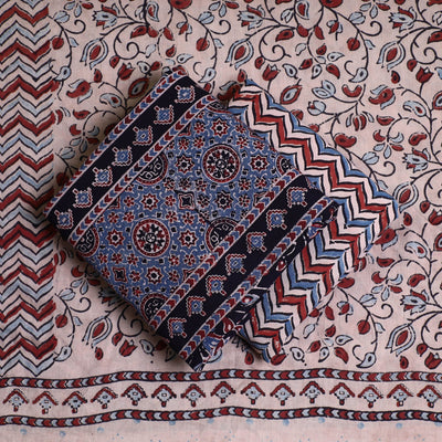 Black - Kutch Block Print Cotton 3pc Ajrakh Dress Material 17