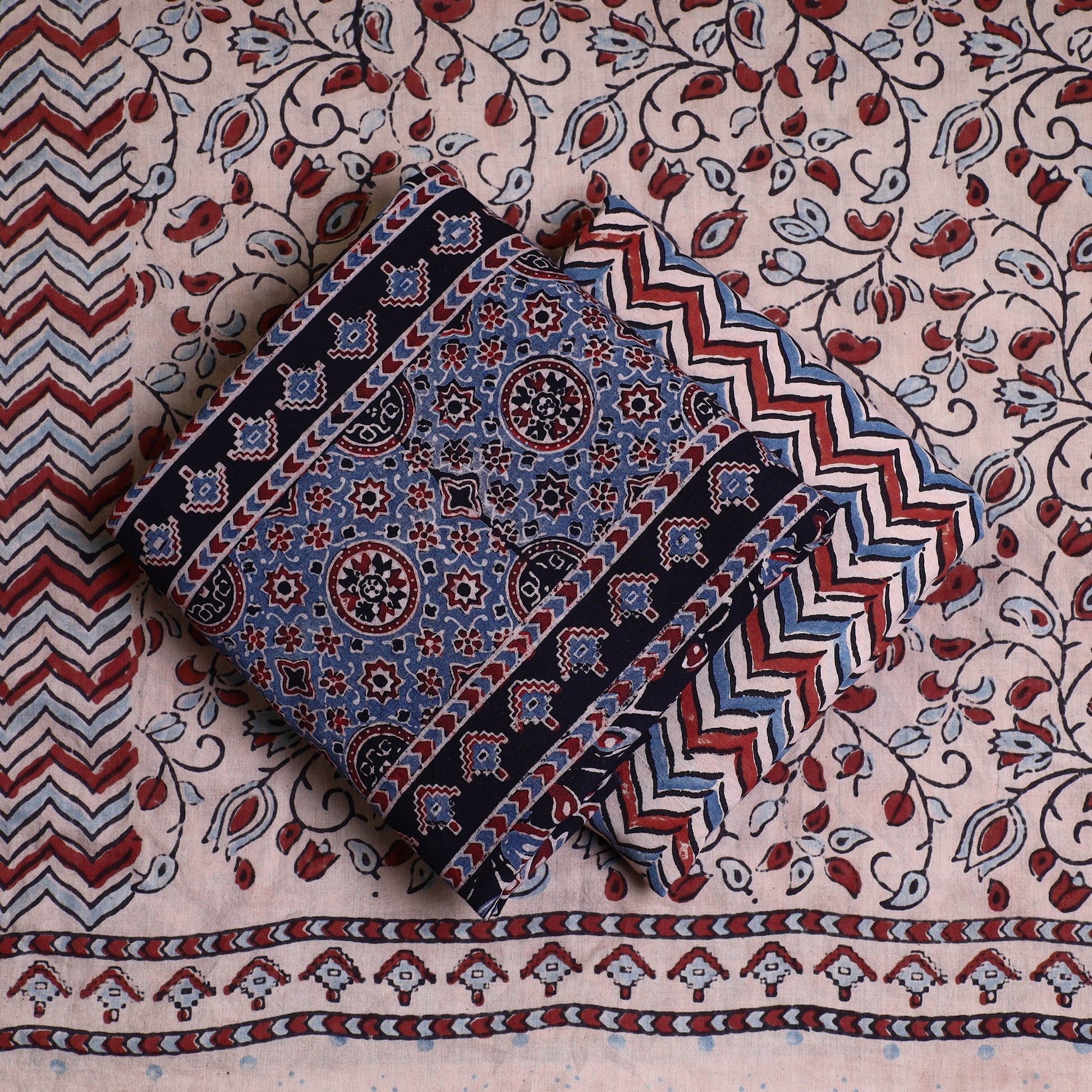 Black - Kutch Block Print Cotton 3pc Ajrakh Dress Material 17