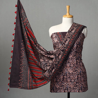 Brown - Kutch Block Print Cotton 3pc Ajrakh Dress Material 09