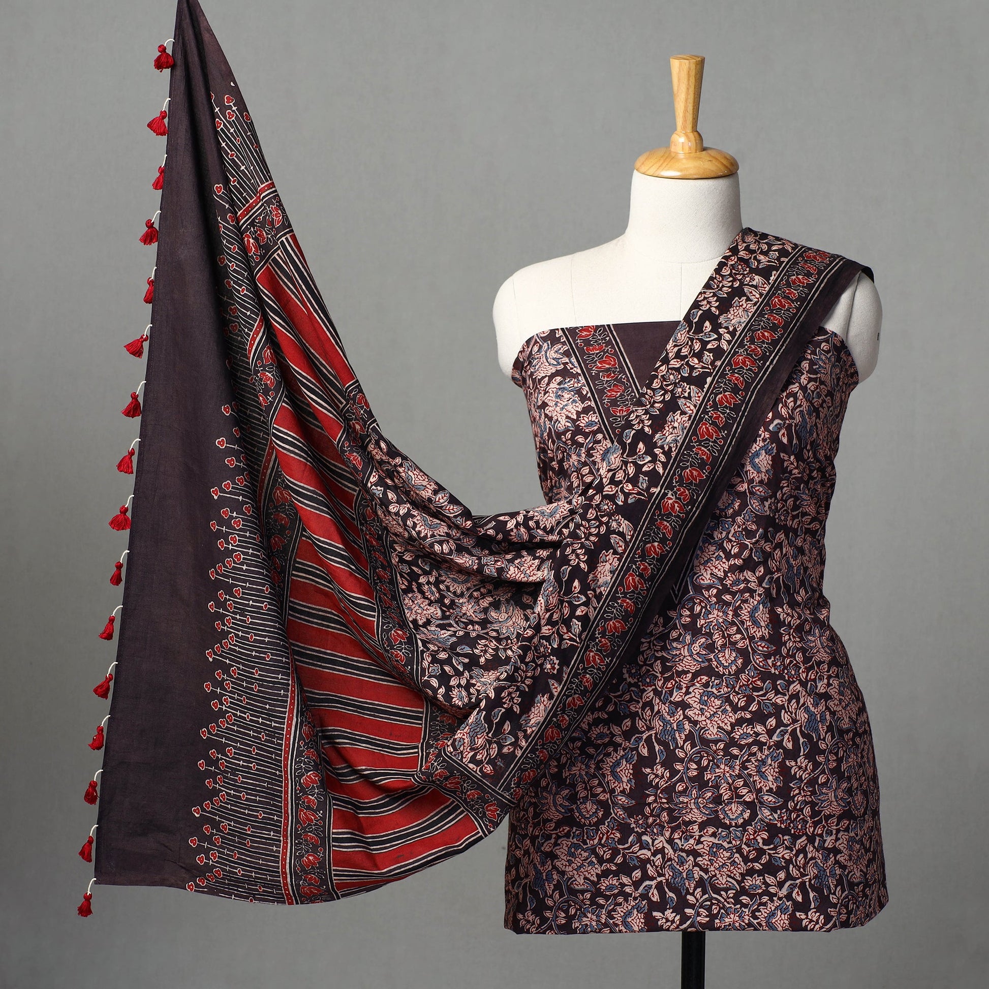 Brown - Kutch Block Print Cotton 3pc Ajrakh Dress Material 09