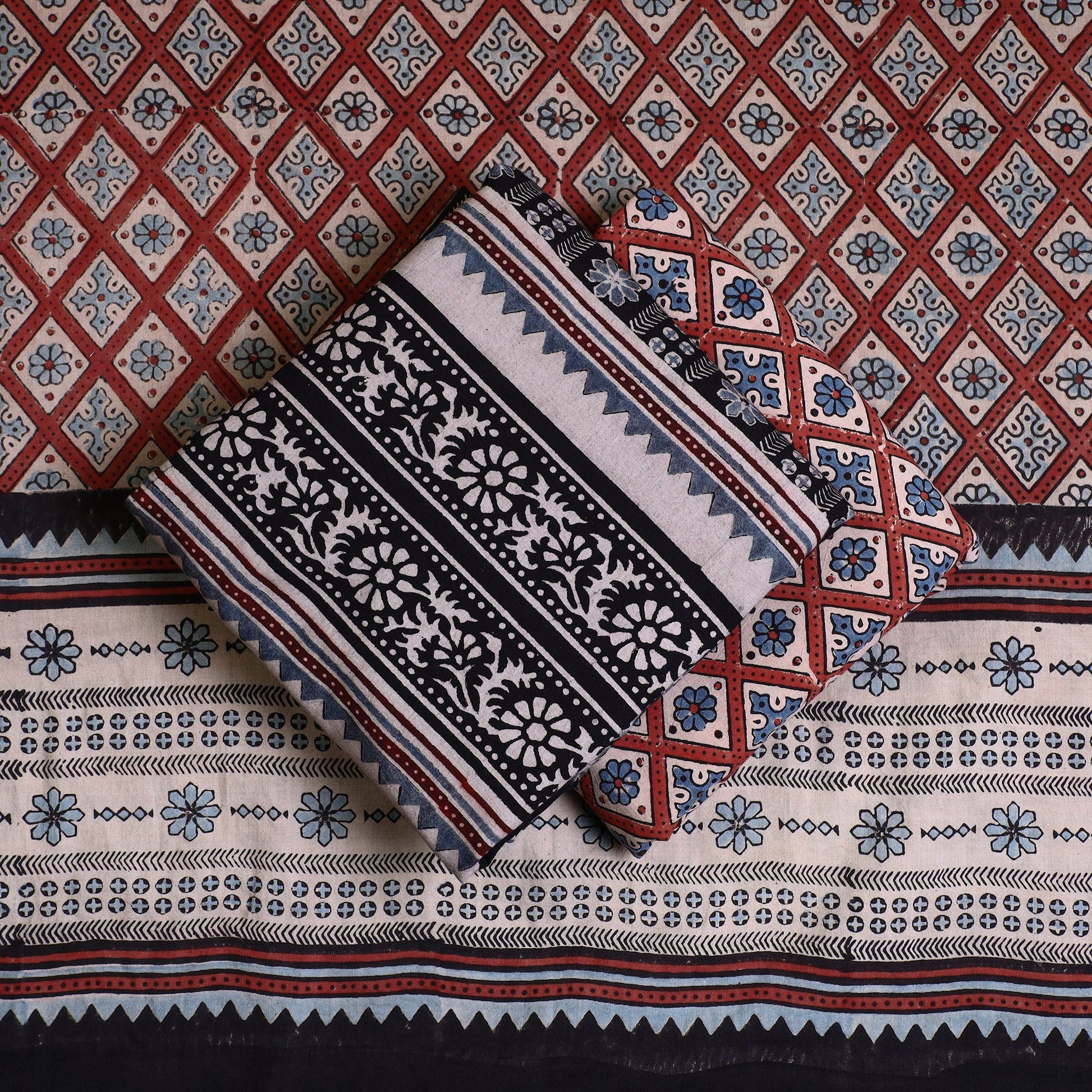 Black - Kutch Block Print Cotton 3pc Ajrakh Dress Material 08