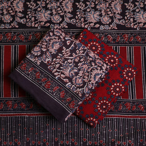 Brown - Kutch Block Print Cotton 3pc Ajrakh Dress Material 09