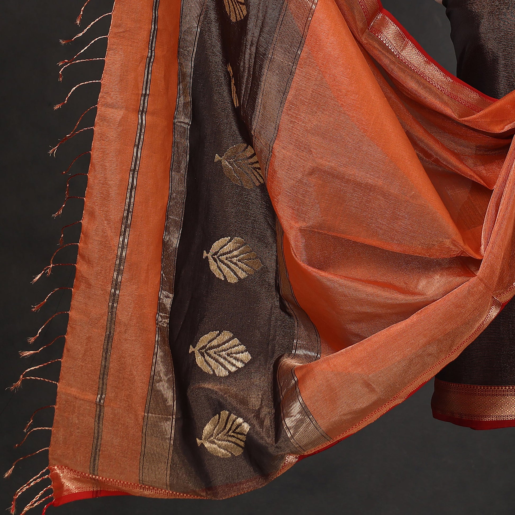 Brown - 2pc Maheshwari Silk Tissue Zari Weave Handloom Suit Material Set 01