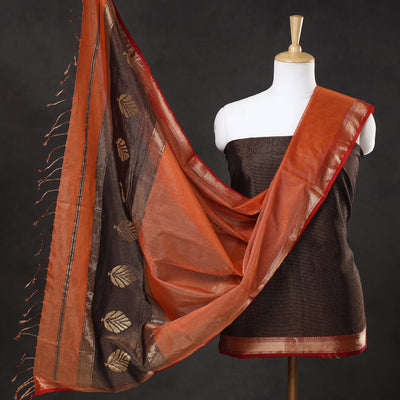 Brown - 2pc Maheshwari Silk Tissue Zari Weave Handloom Suit Material Set 01