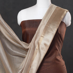 Brown - 2pc Maheshwari Silk Handloom Suit Material Set with Resham Zari Border