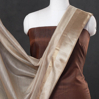Brown - 2pc Maheshwari Silk Handloom Suit Material Set with Resham Zari Border