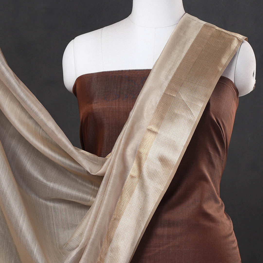 Brown - 2pc Maheshwari Silk Handloom Suit Material Set with Resham Zari Border