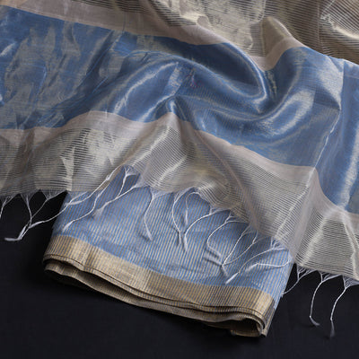 Blue - 2pc Maheshwari Silk Handloom Tissue Zari Stripes Suit Material Set
