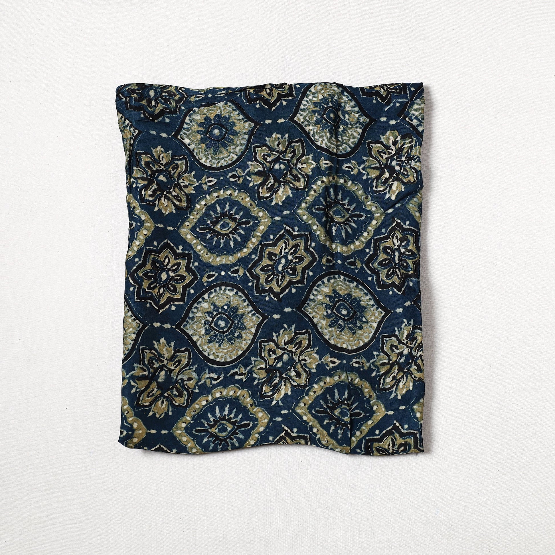 Blue - Ajrakh Hand Block Printed Modal Silk Precut Fabric (0.7 meter) 52