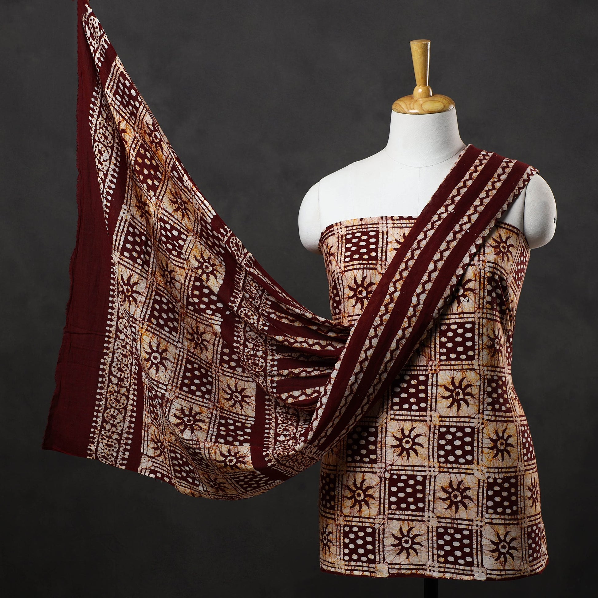 Brown - 3pc Cotton Kutch Batik Print Dress Material 12