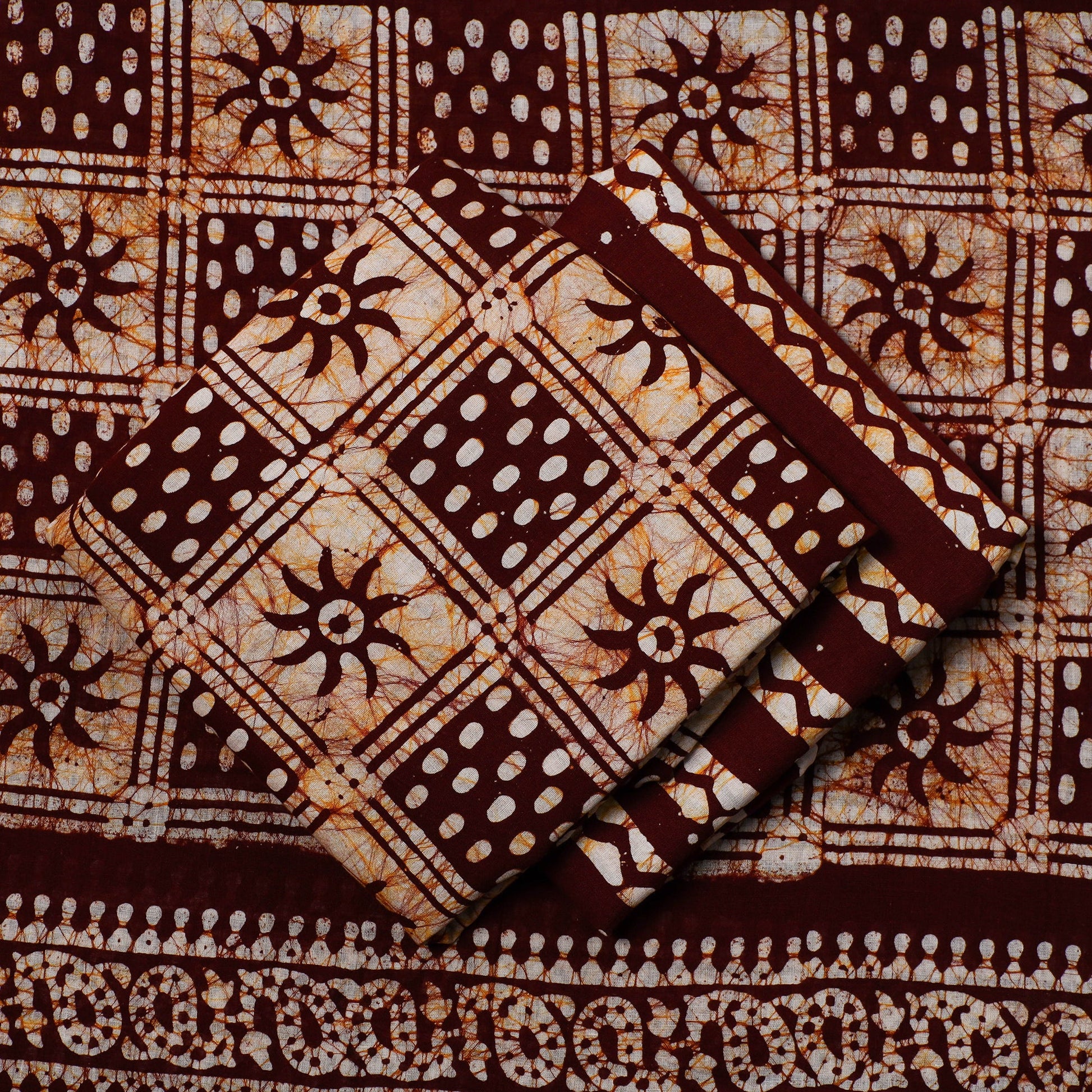 Brown - 3pc Cotton Kutch Batik Print Dress Material 12