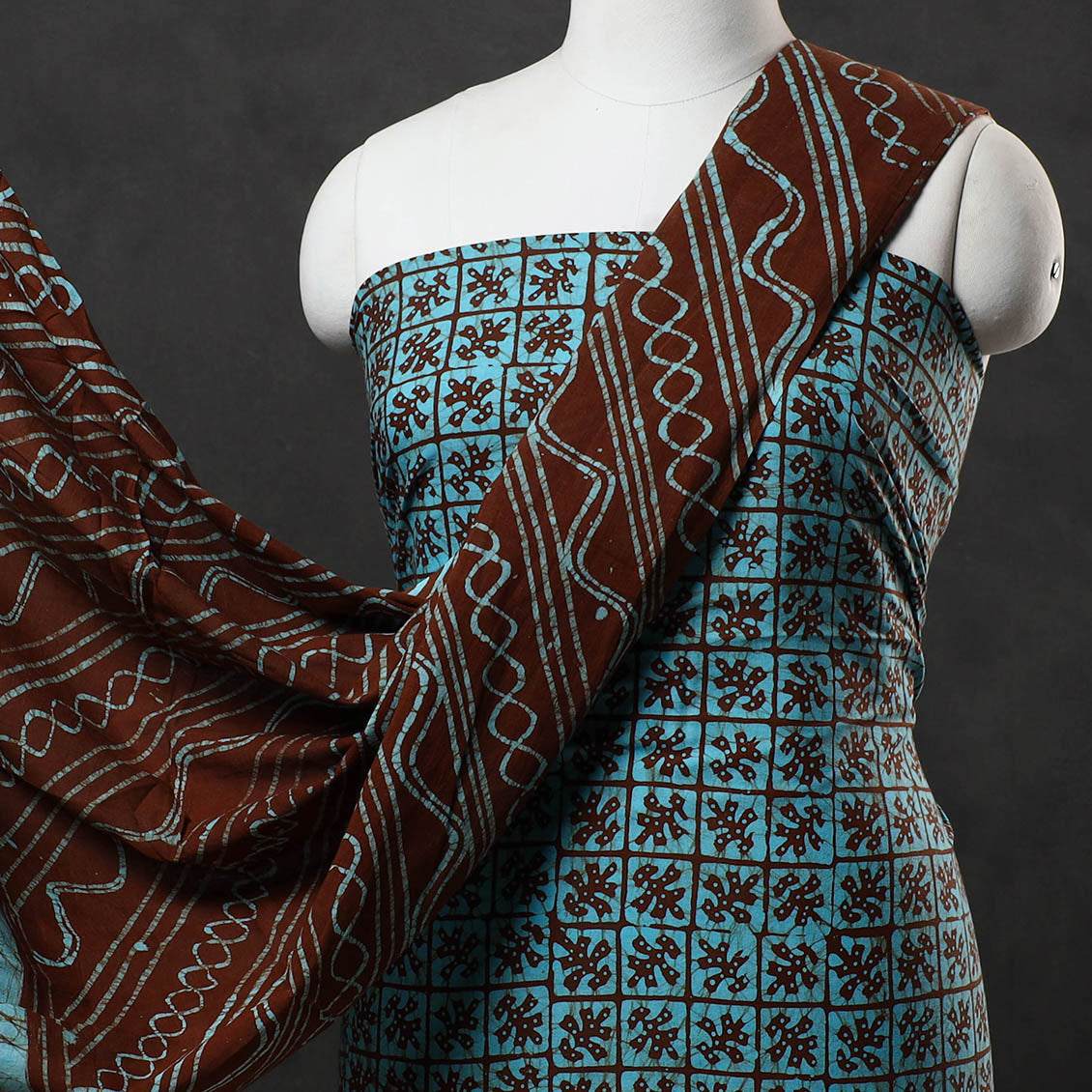Blue - 3pc Cotton Kutch Batik Print Dress Material 01