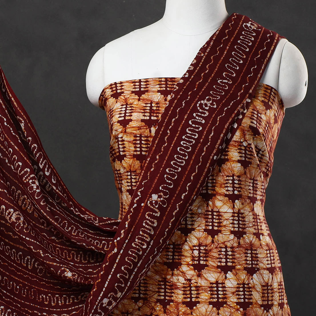 Brown - 3pc Cotton Kutch Batik Print Dress Material 08