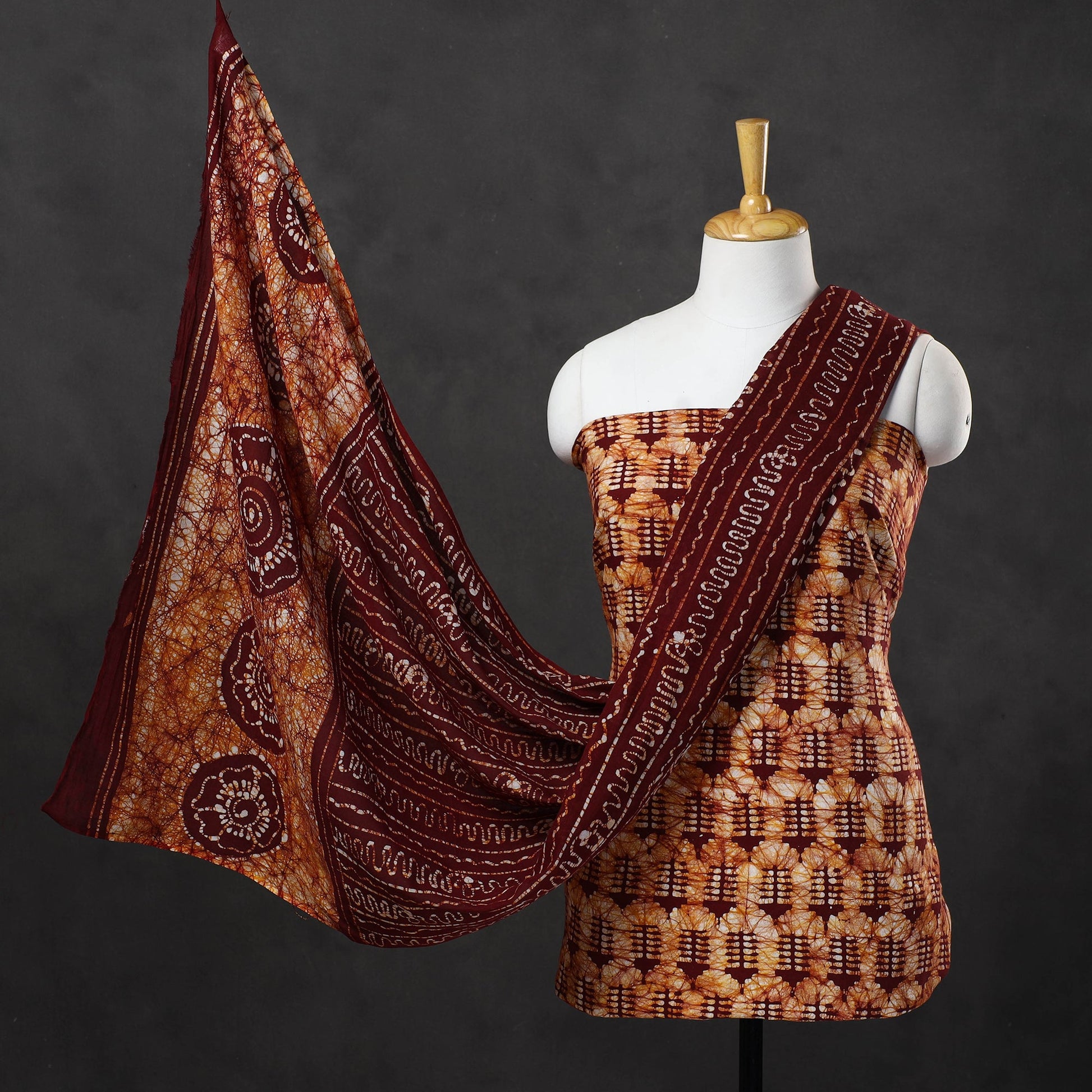 Brown - 3pc Cotton Kutch Batik Print Dress Material 08