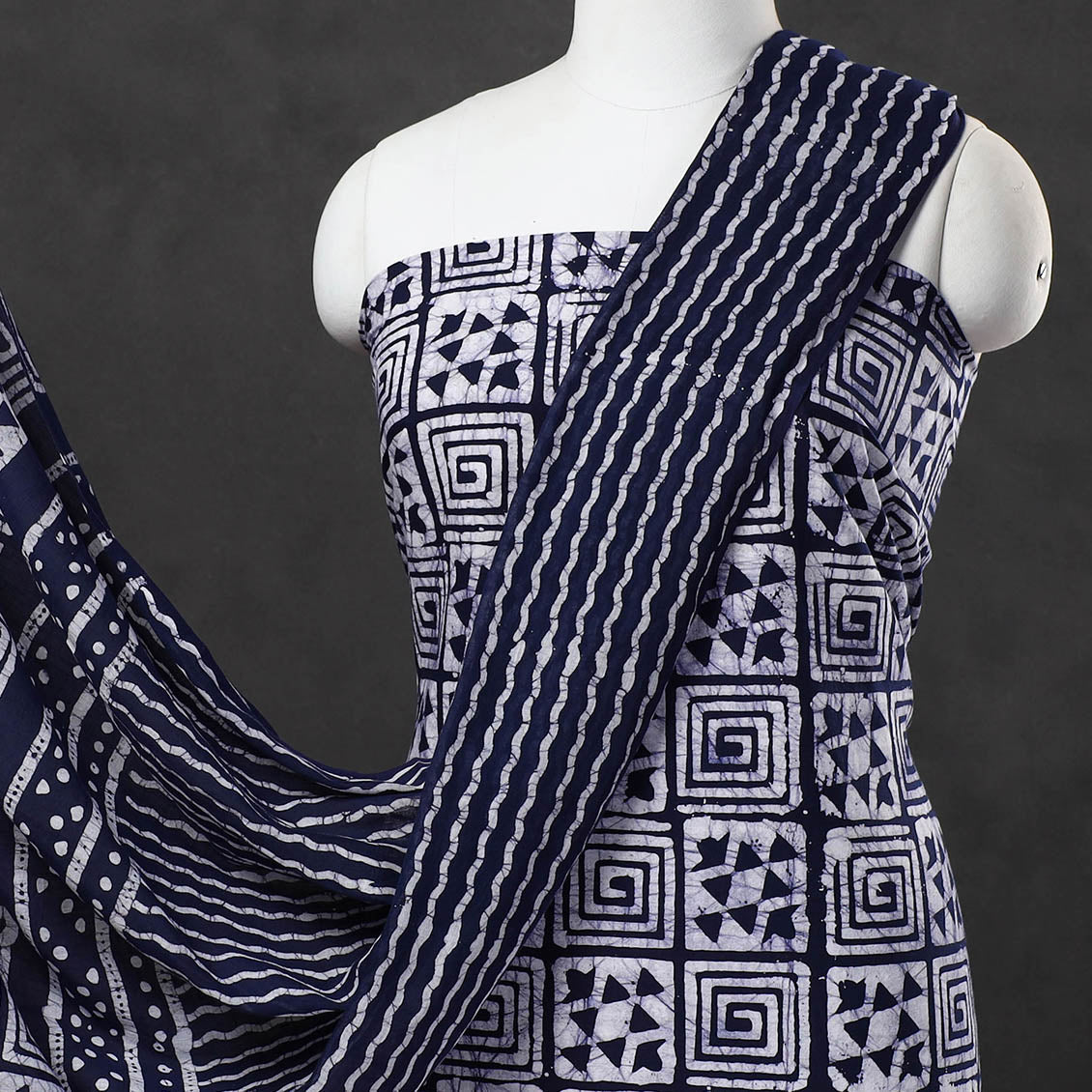 Blue - 3pc Cotton Kutch Batik Print Dress Material 09