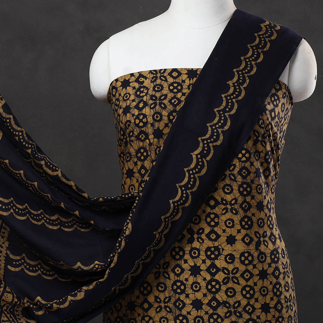 Brown - 3pc Cotton Kutch Batik Print Dress Material 21